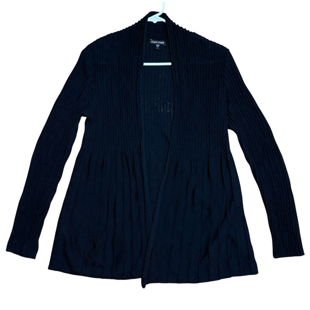 Eileen Fisher 100% Italian Wool Ribbed Open Cardigan Sweater in Black Sz S